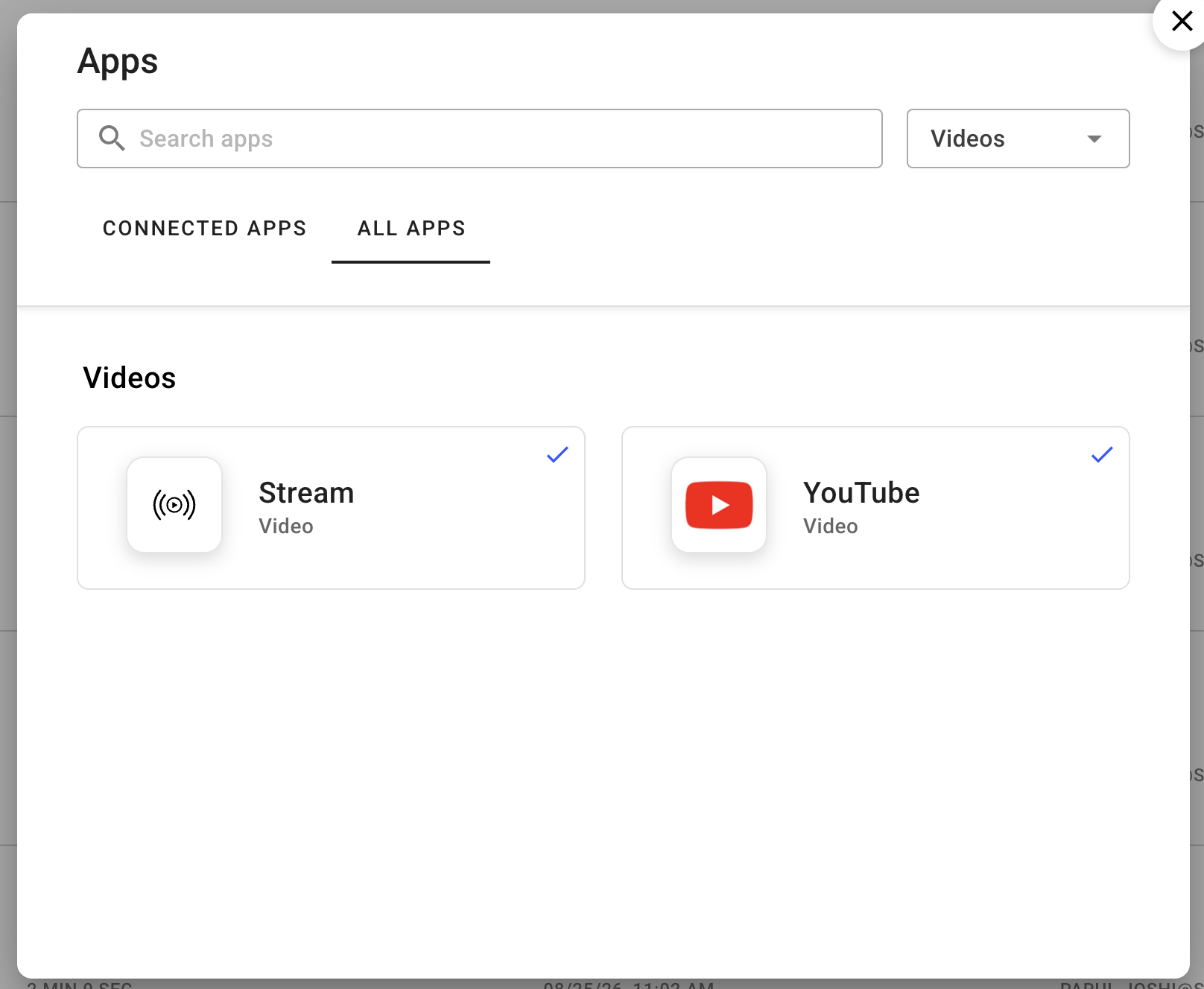 List of video apps with Stream and YouTube options selected for connection.
